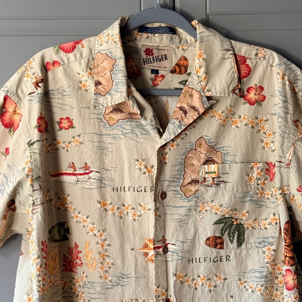 Tommy Hilfiger Vintage 90s Hula Hawaiian Map Print Button Down Shirt, Tan, L - Picture 3 of 11